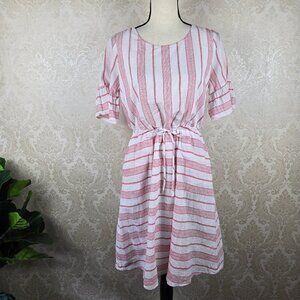 Emberley Size Small Coral White Stripe Cotton Dress Drawstring Waist Ruffle Slv